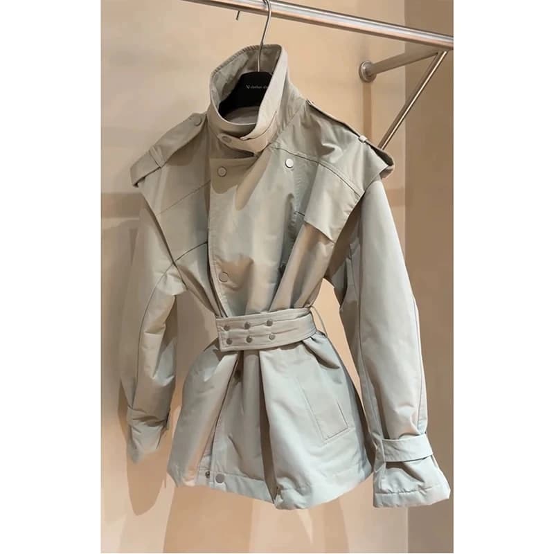 2026 New Women's Short Trench Coat Stand Collar Belted Waist Windbreaker Jacket Autumn Casual Solid Lady Daily Street Outerwear