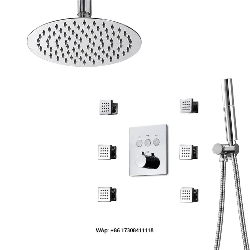 Soffione doccia moderno da 8 pollici con doccia a pioggia con braccio doccia a soffitto, controllo tramite pulsante termostatico, set di rubinetteria da bagno in ottone