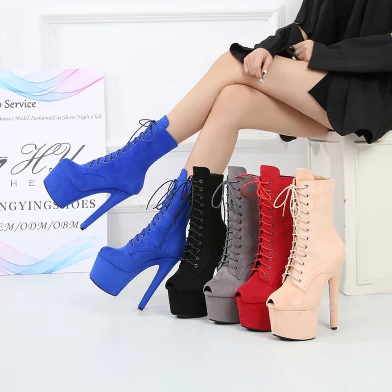 2026 New Suede Sexy Pole Dance Shoes Nightclub Catwalk Platform Women's High Heels 17CM Lace Up Zipper Fish Mouth Single Boots