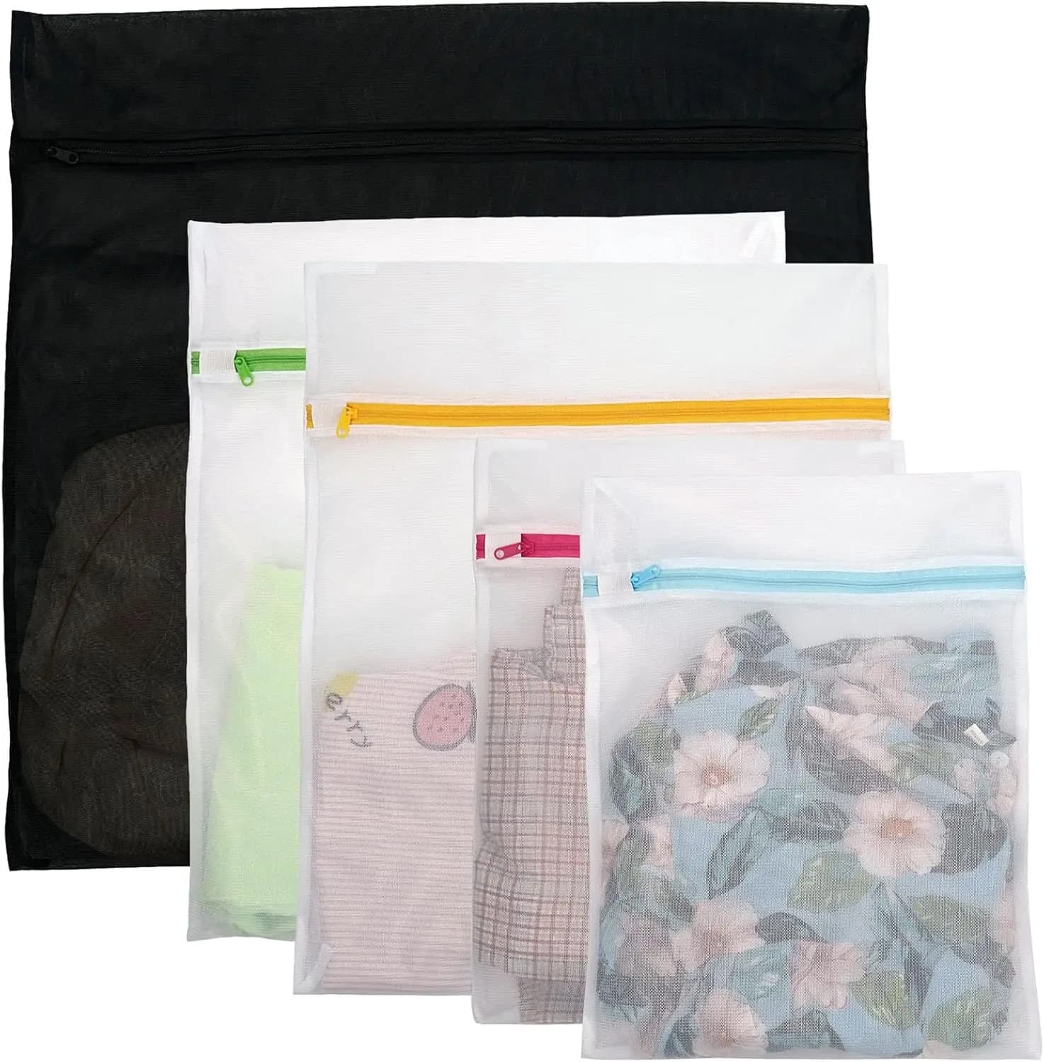 Large net laundry bags for delicate garments, travel bags for lingerie washing, set of 5 easy to distinguish