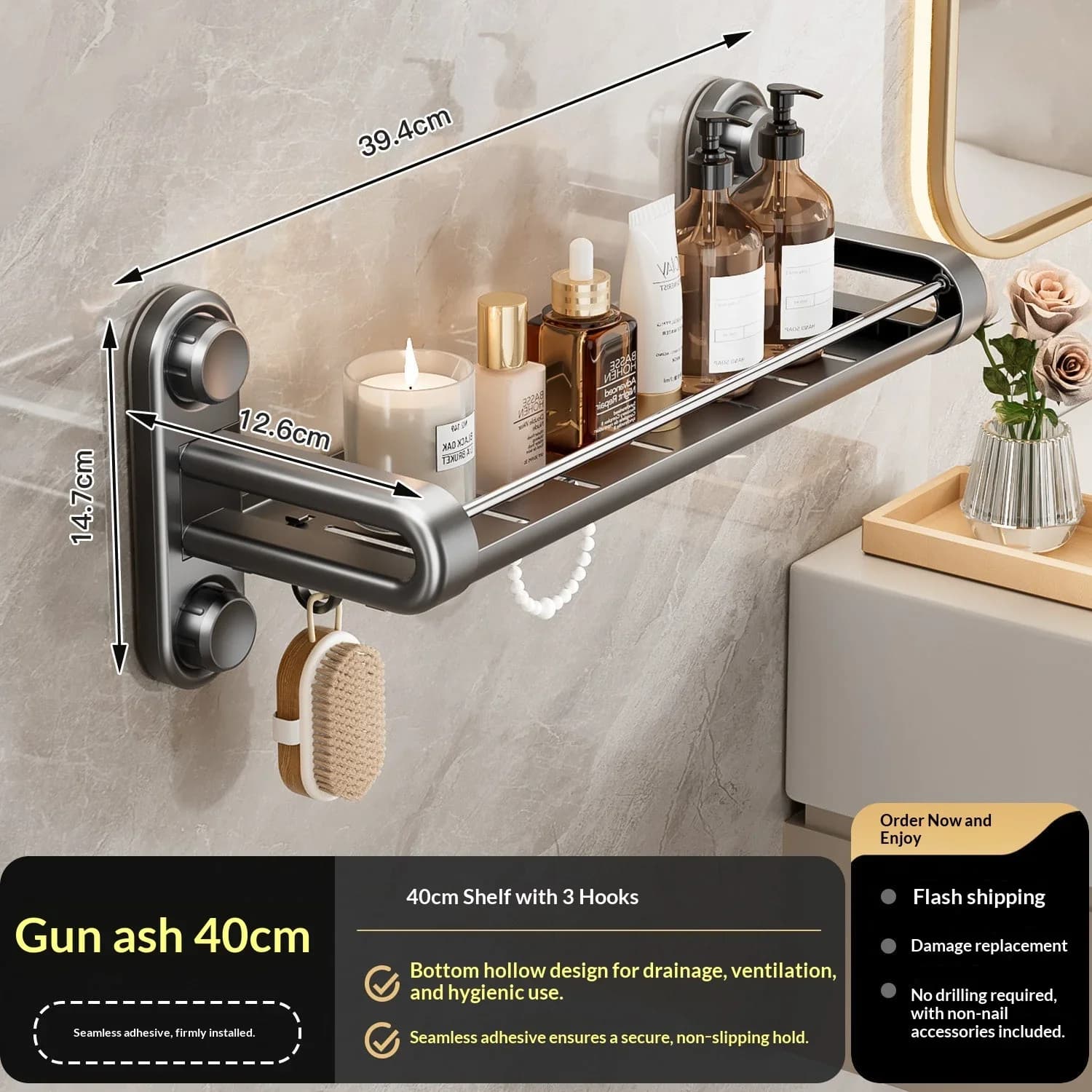 Wall‑Mount Bathroom Organizer Shelf ABS Practical Shower Storage Rack with Towel Bar Hooks for Washroom Bathroom Supply Storage