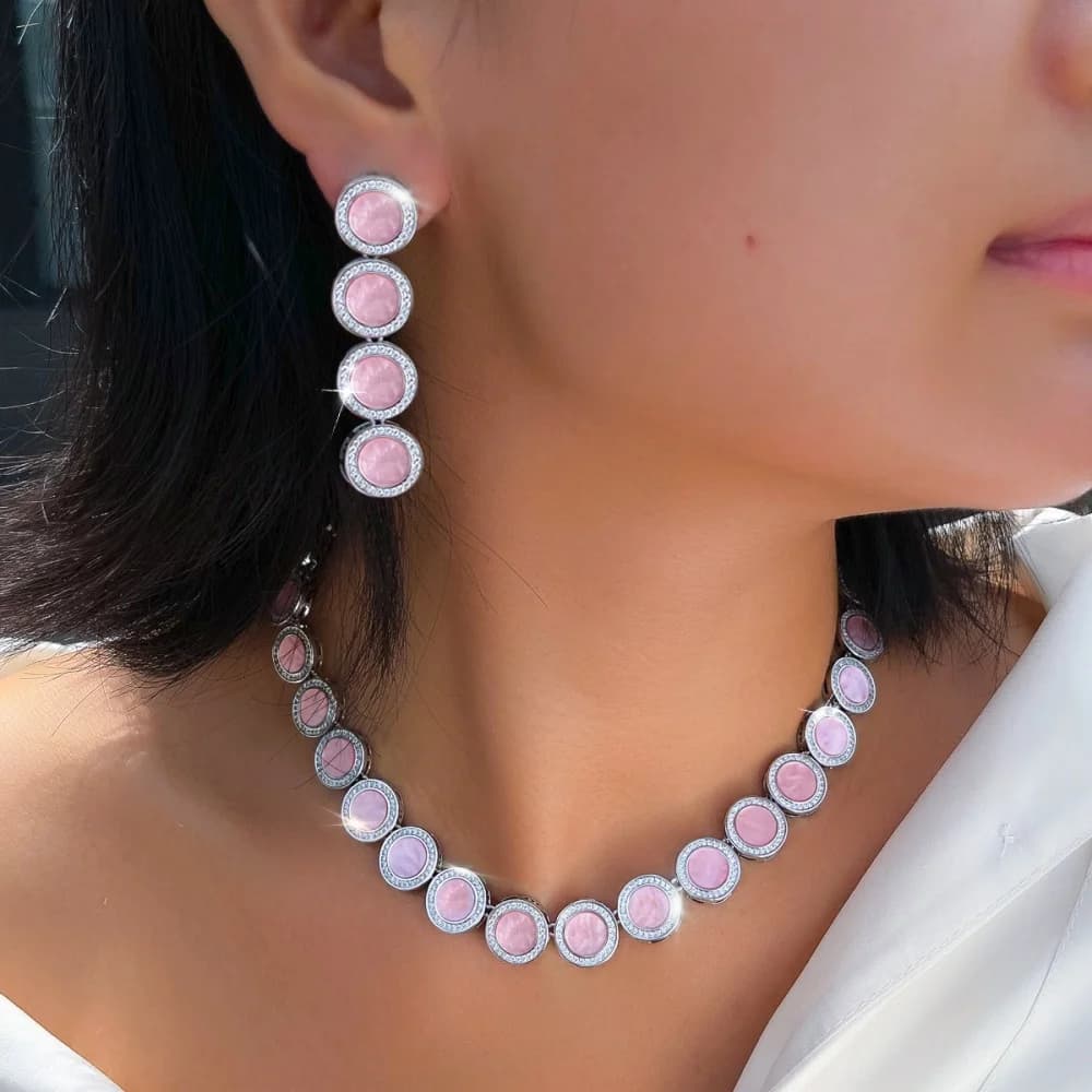 BeaQueen Sweet Pink Acrylic With CZ Round Link Choker Necklace and Earring for Women Luxury Wedding Party 2pc Jewelry Sets T1041