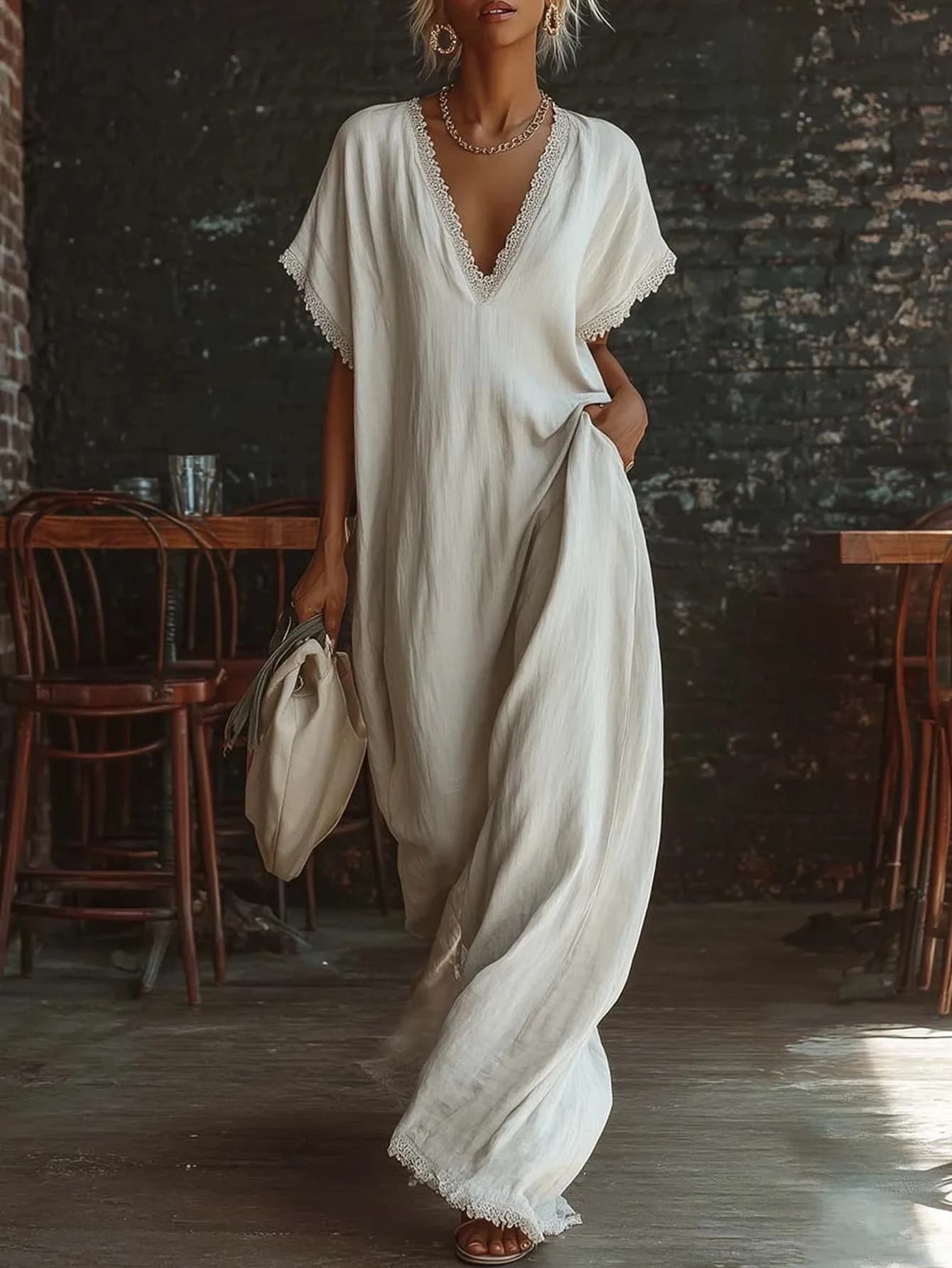 Women's Casual Dresses 2026 Trends Sexy V Neck Lace Trim Loose Maxi Dress Summer Short Sleeve Vacation Boho Long Dress Robe