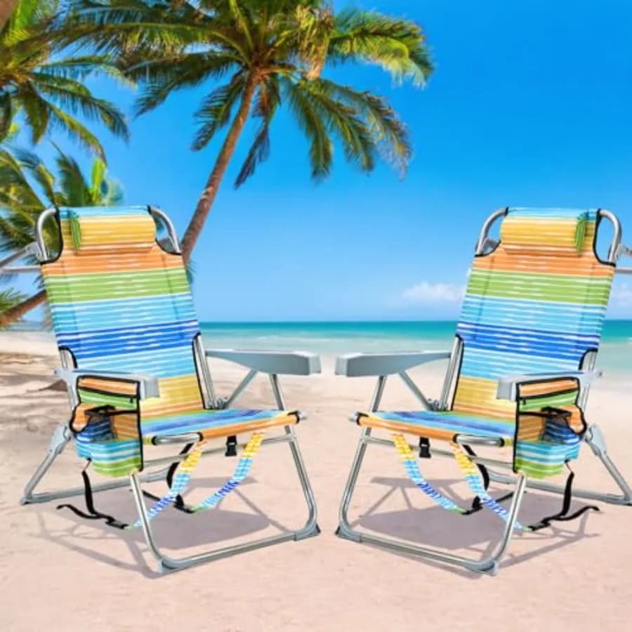 Sedie da spiaggia per adulti, confezione da 2, sedie pieghevoli portatili con portabicchieri e portasciugamani, reclinabili in 4 posizioni.