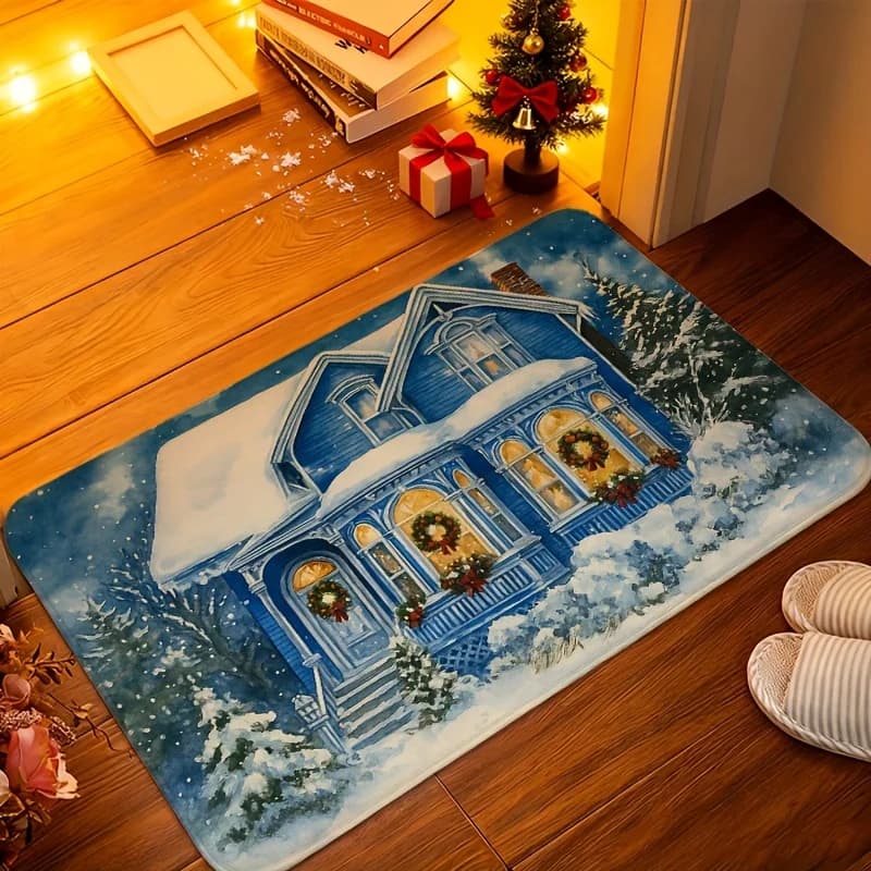 Snowy Blue Winter Villa Graphics,kitchen,hallway,porch,living room Decoration,Non Slip Xmas Seasonal Decor rug
