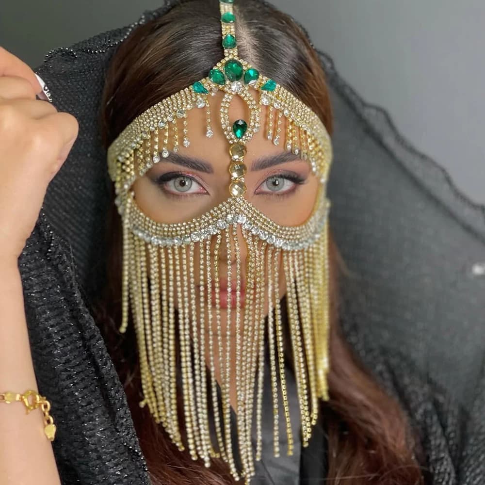 Belt Dance Long mask with tassel Velo Accessories cosplay in mask Elegant band Green Rhinestones Chain mask for face Dance jewelry