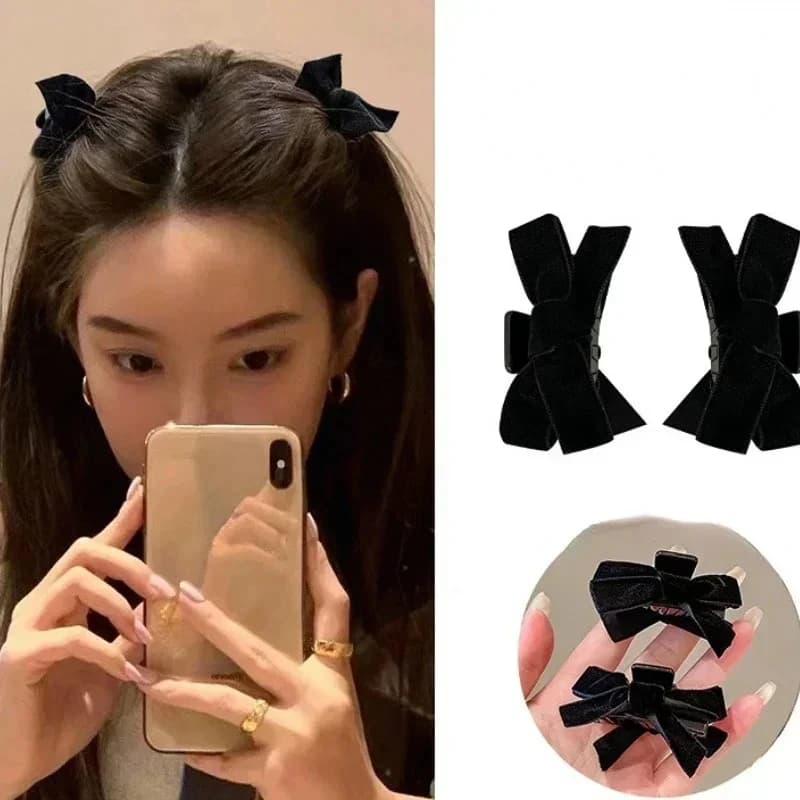 2 fermagli per capelli neri a fiocco piccoli da donna, stile principessa, in velluto vintage, per autunno e inverno