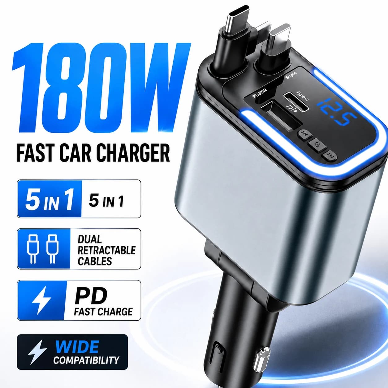 180W Car Charger with Dual Retractable Cables Bluetooth Hands Free Calling USB C Fast Charging LED Display