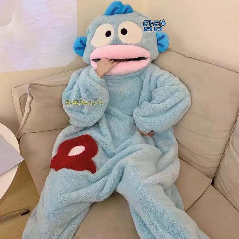 Kawaii Hangyodon Cartoon Onesie Pajama Sanrio Anime Full Body Sleepwear with Hood Footies Adorable Fish Costume for Teens Adults