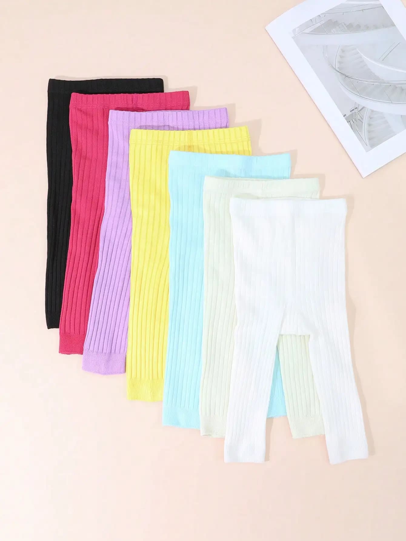7Pcs Girls Vertical Striped Leggings Solid Color Ankle Pants Polyester Spandex Stretchy All Season Daily Wear Trousers for 0-11Y