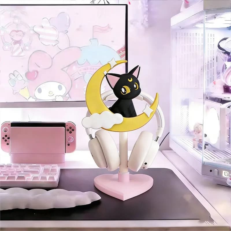 Supporto per Cuffie Luna Moon Cat in Stock, Simpatico Porta Cuffie Creativo, Espositore da Scrivania, Decorazione e Organizzazione (Cuffie Escluse)