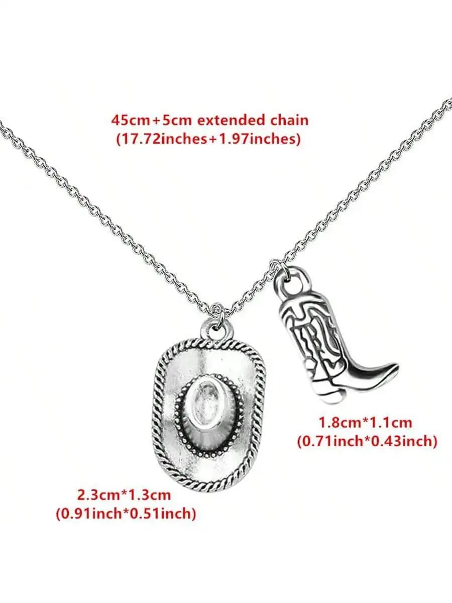 Collana con ciondolo a forma di cappello e stivale in stile western color argento per donna, accessorio per feste punk con catena regolabile