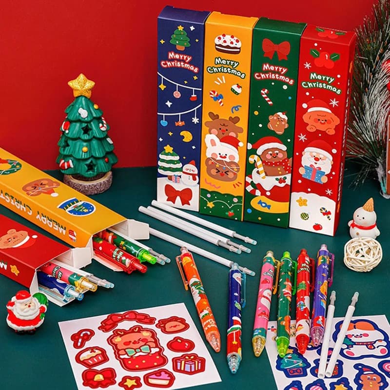 Set di cancelleria con penna neutra Scatola cieca natalizia Set da cinque pezzi Studente Simpatico regalo a sorpresa natalizia