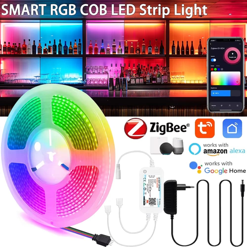 Striscia LED COB RGB Zigbee3.0 5M 10M 24V, 840 LED/m, Luce Flessibile per Decorazione Casa, Compatibile con App Tuya Zigbee, Alexa e Google