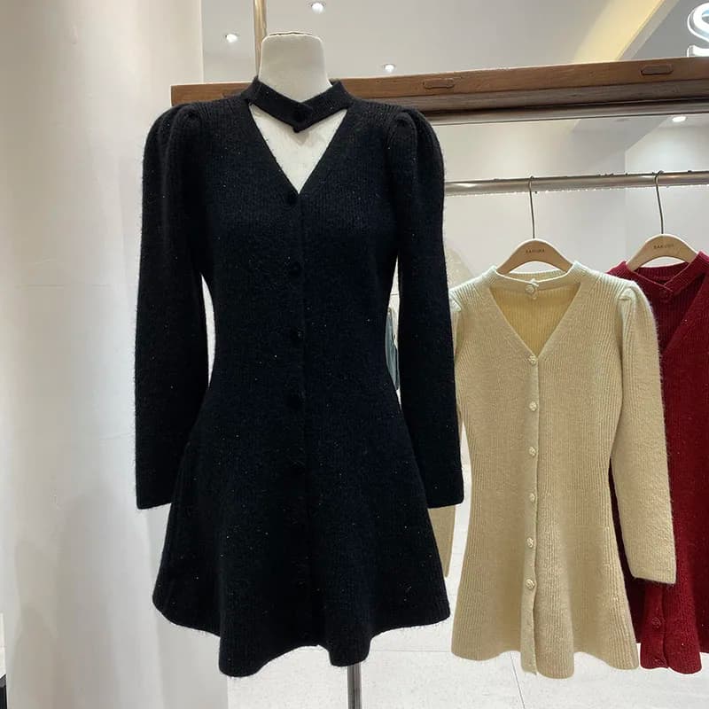 Elegant V-neck Knitted Dress Women's Short Sweater Dress Slimming Waist Design Autumn Winter New Arrival Commute Style