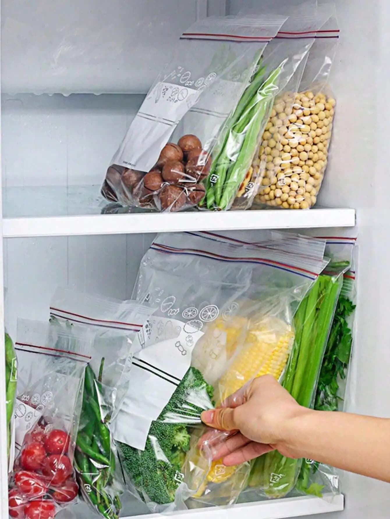 Contenitori per alimenti da 15 pezzi, sacchetti per conservare la freschezza con doppia chiusura a costine, sacchetti di plastica trasparenti, organizzazione della cucina, organizer per frigorifero, sacchetti richiudibili riutilizzabili
