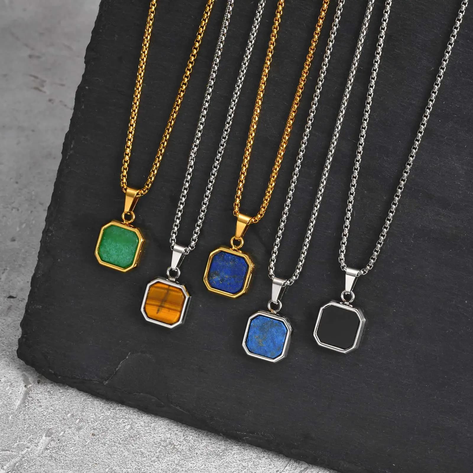 Square Natural Stone Necklaces for Men Women,Waterproof Multiple Colors Geometric Pendant Collar,Trendy Jewelry Gifts