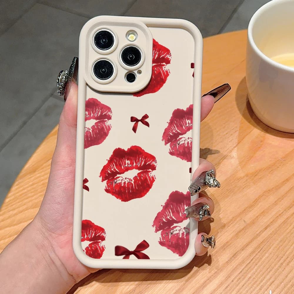 Custodia per telefono antiurto stile americano con labbra rosse e fiocco bordeaux per iPhone 15 16 17 Pro Max 16 15 14 Pro 16 15 14 Plus 17 16E