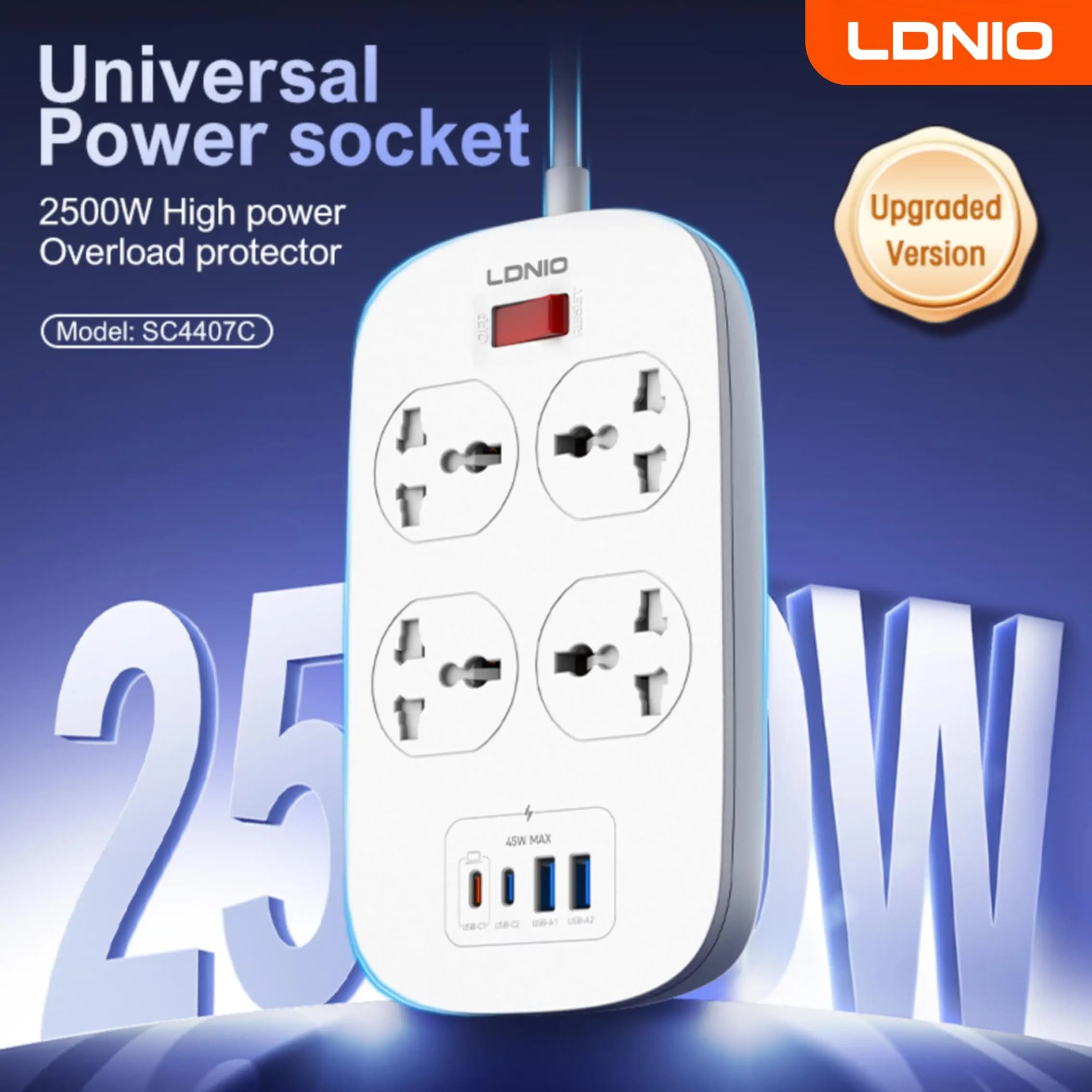 LDNIO Multipresa universale a 4 prese con 45 W PD USB C Ricarica rapida Cavo di prolunga da 2 M Protezione da sovratensione Presa EU US UK