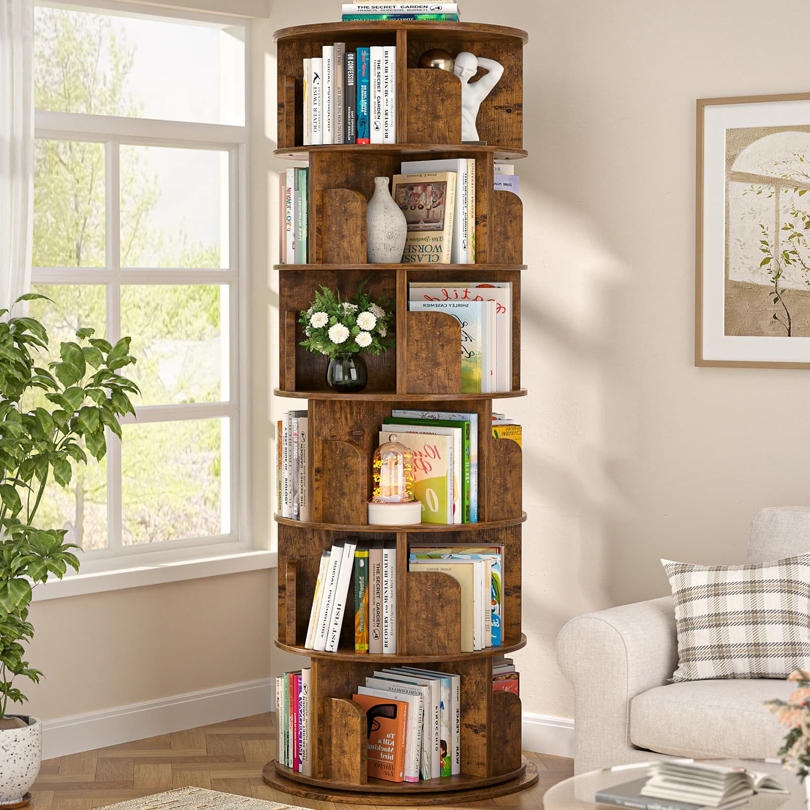 Aheaplus 6 Tier Rotating Bookshelf, Wood Spinning Bookshelf Tower, Round Revolving 360 Bookcase, Narrow Turning Book Shelf Rolling Corner Organizer for Small Space, Bedroom, Office, Rustic Brown