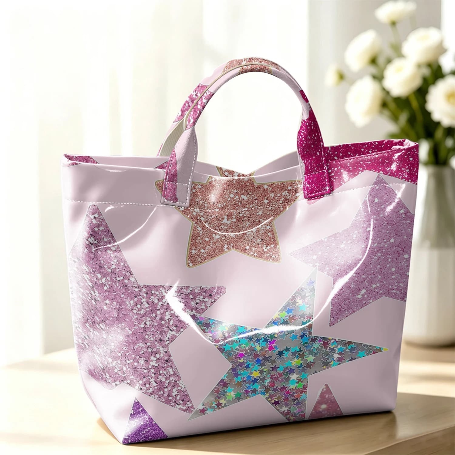 Glitter Star Cute Large Glossy PVC Tote Bag Hand Washable Lightweight Soft Great for Travel Commute Makeup Storage Handbags