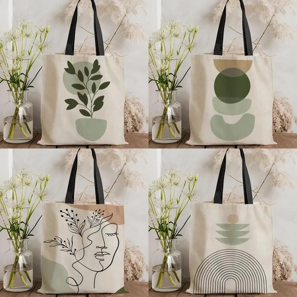 Boho Green Sage Plant Storage Bags Double-Sided Printed Canvas Tote Bag Eco-Friendly Reusable Large Capacity Handbag