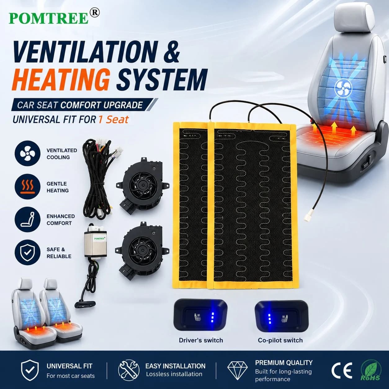 12V Universal Built-in Car Seat Ventilation Cooling And Heating Kit Fit 1 Seat,With 2 Fans & 3-level Driver's/Co-pilot Switch