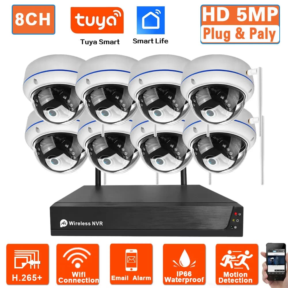 Tuya Wifi CCTV Kit sistema di sicurezza telecamera 5MP 8CH NVR Sistema di sicurezza Kit di videosorveglianza telecamera dome IP wireless esterna 4CH