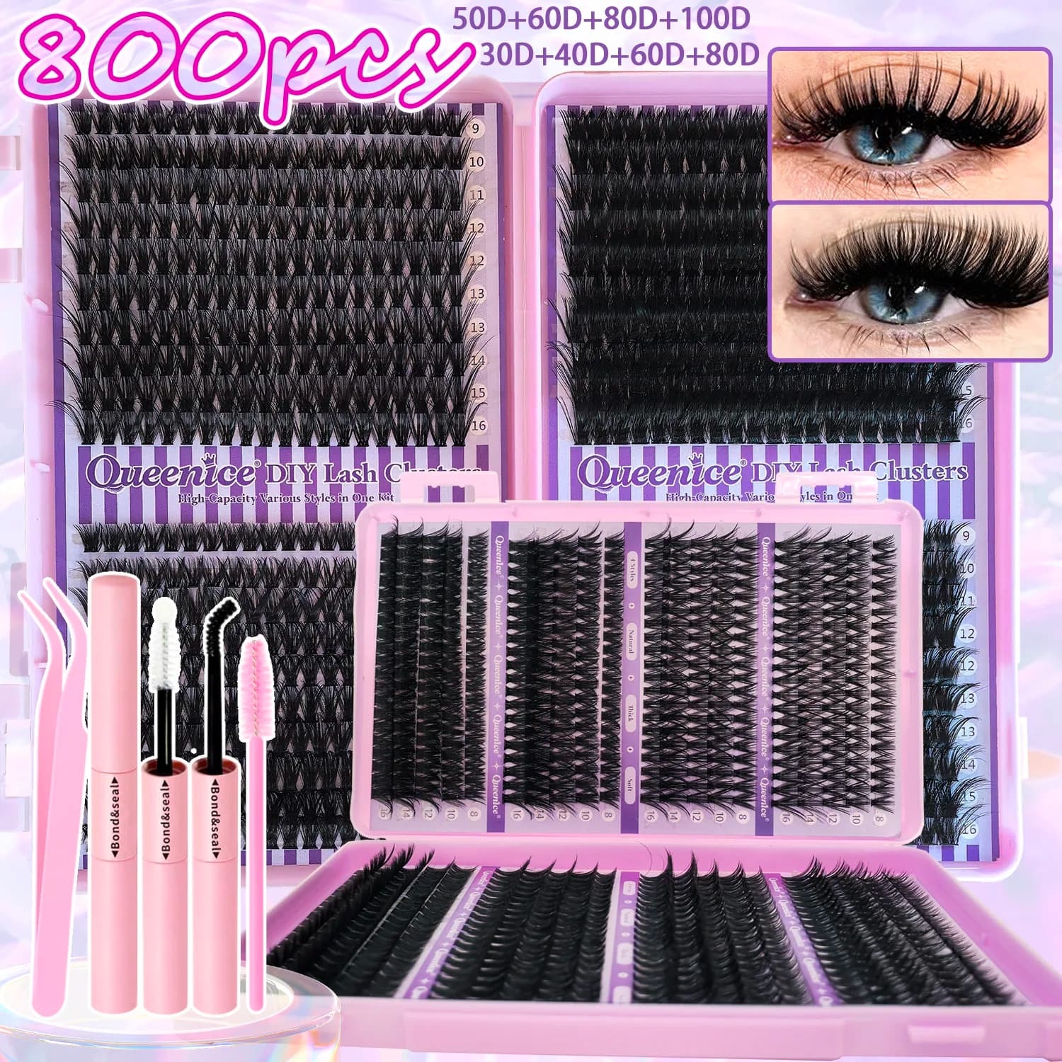 QUEENICE Lashes Cluster DIY Lash Extension Mixed Tray Clusters Eyelashes Fluffy Individual Lashes Cat Eye Lash Extension