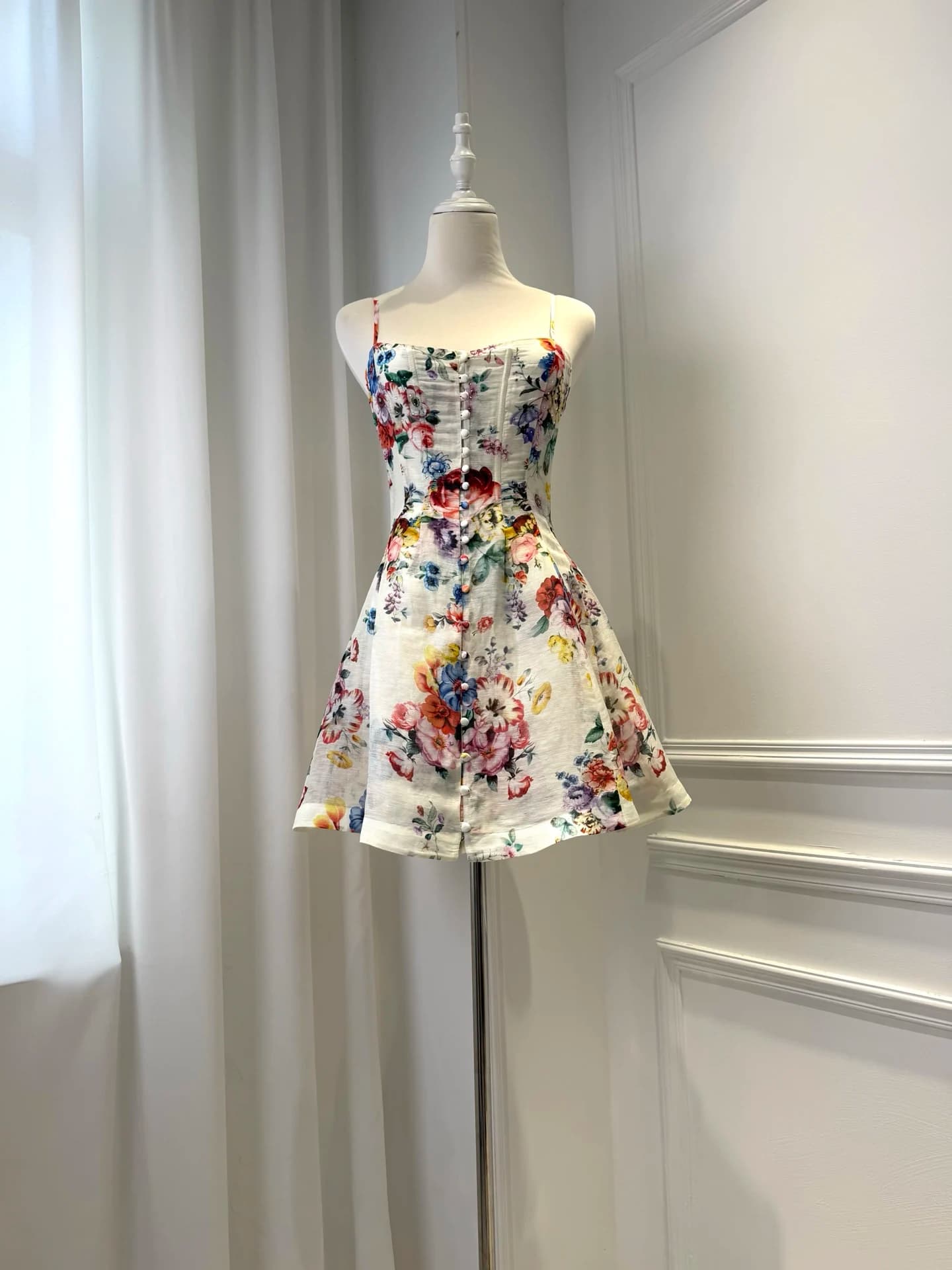 Crystal Beaded Women Silk Hemp Sling Dress Floral Printed Square Collar Sleeveless Single Breasted High Waist Casual Mini Robe