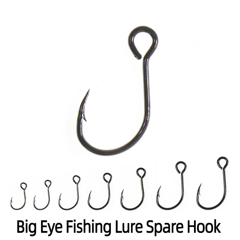 20 pieces Carbon steel single fishing hooks, spare parts, with large eyelet, Inline type, for baits, measures 8 6 4 2 1/0