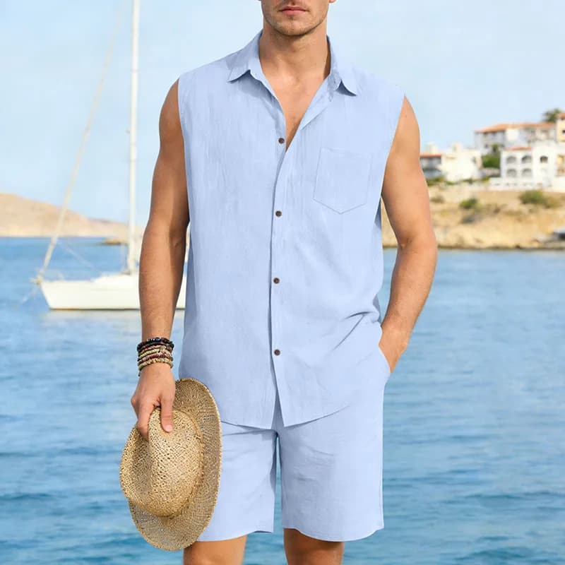 2026 summer man's suit in linen, Hawaiian style, with sleeveless shirt and shorts, for beach, cross-border collection Europe and America