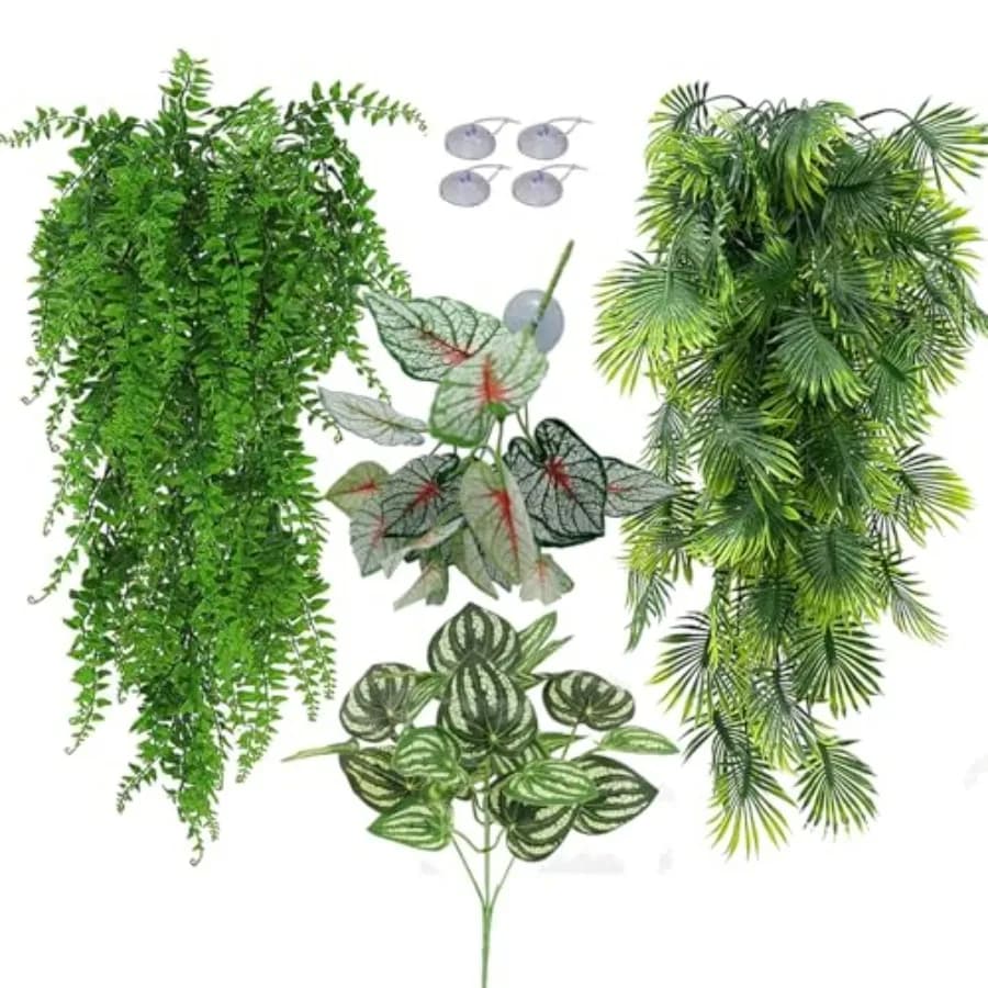 Reptile Plants for Bearded Dragon Tank Accessories, Terrarium Plant Artificial Decor for Snake Cage, Fake Plant for Leopard Gec