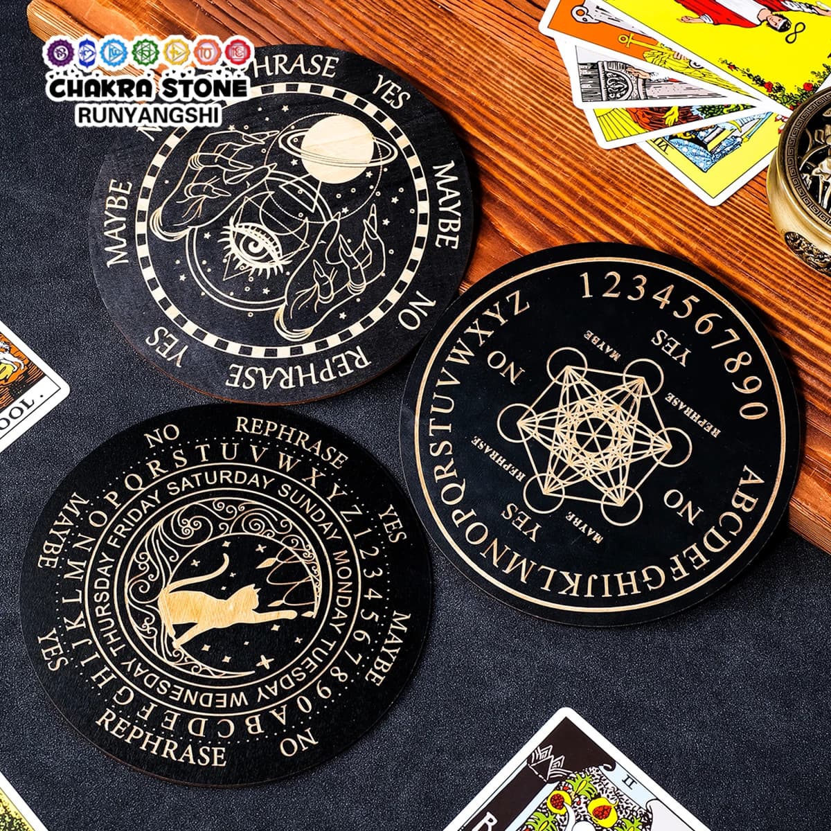 1PC Round Table Heat-Resistant Coaster, Crystal Pendulum Divination Board, Witch Tarot & Astrology Divination Wooden Board