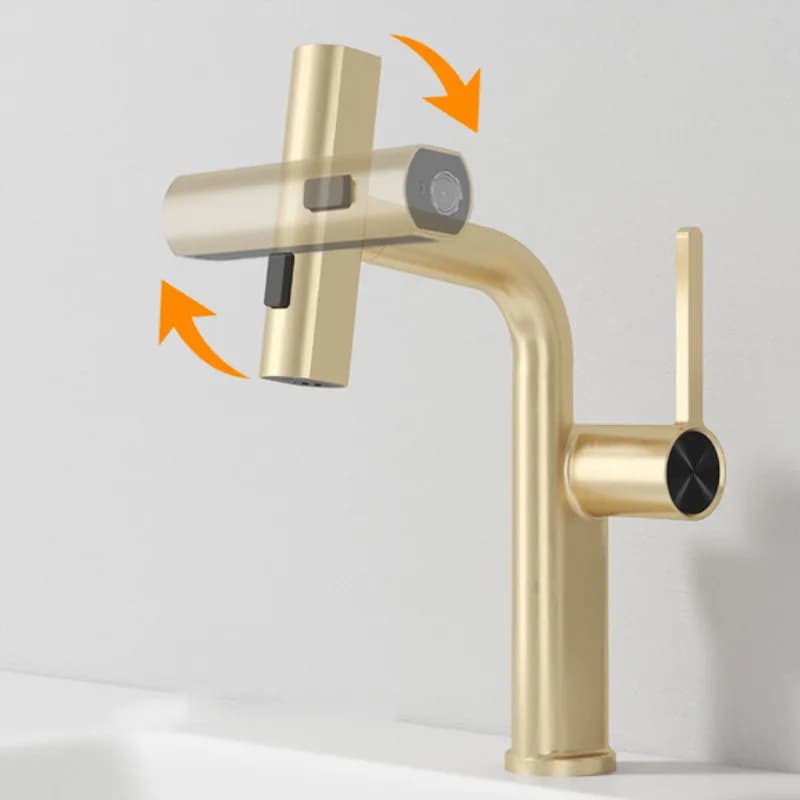 Rubinetto per lavabo alla moda Ottone estraibile Spruzzatore a flusso Lavello acqua calda fredda Funzioni con beccuccio di rotazione Spazzola bianca Miscelatore dorato Rubinetto per lavaggio