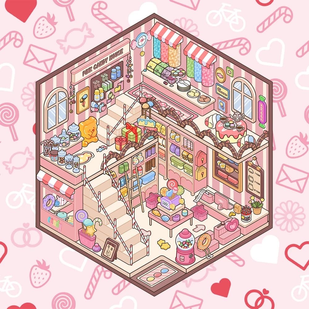 1 Set fai da te 3D Pink Candy Shack adesivi in miniatura Crea scene Calde adesivi adorabili Impilabili visivi Sollievo dallo stress Passa il tempo