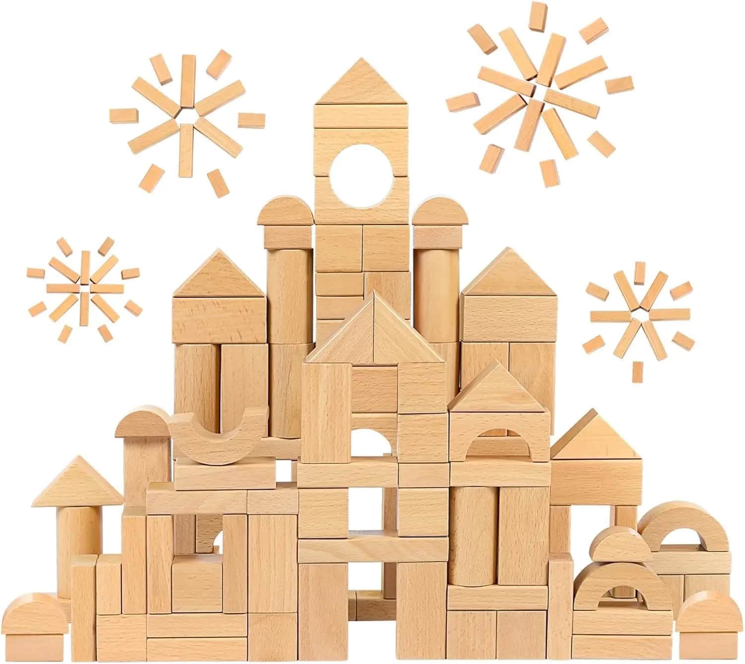 100 Blocchi di Legno di Faggio Naturale per Bambini 1-3 Anni, Giocattoli Educativi Montessori con Secchio Portaoggetti