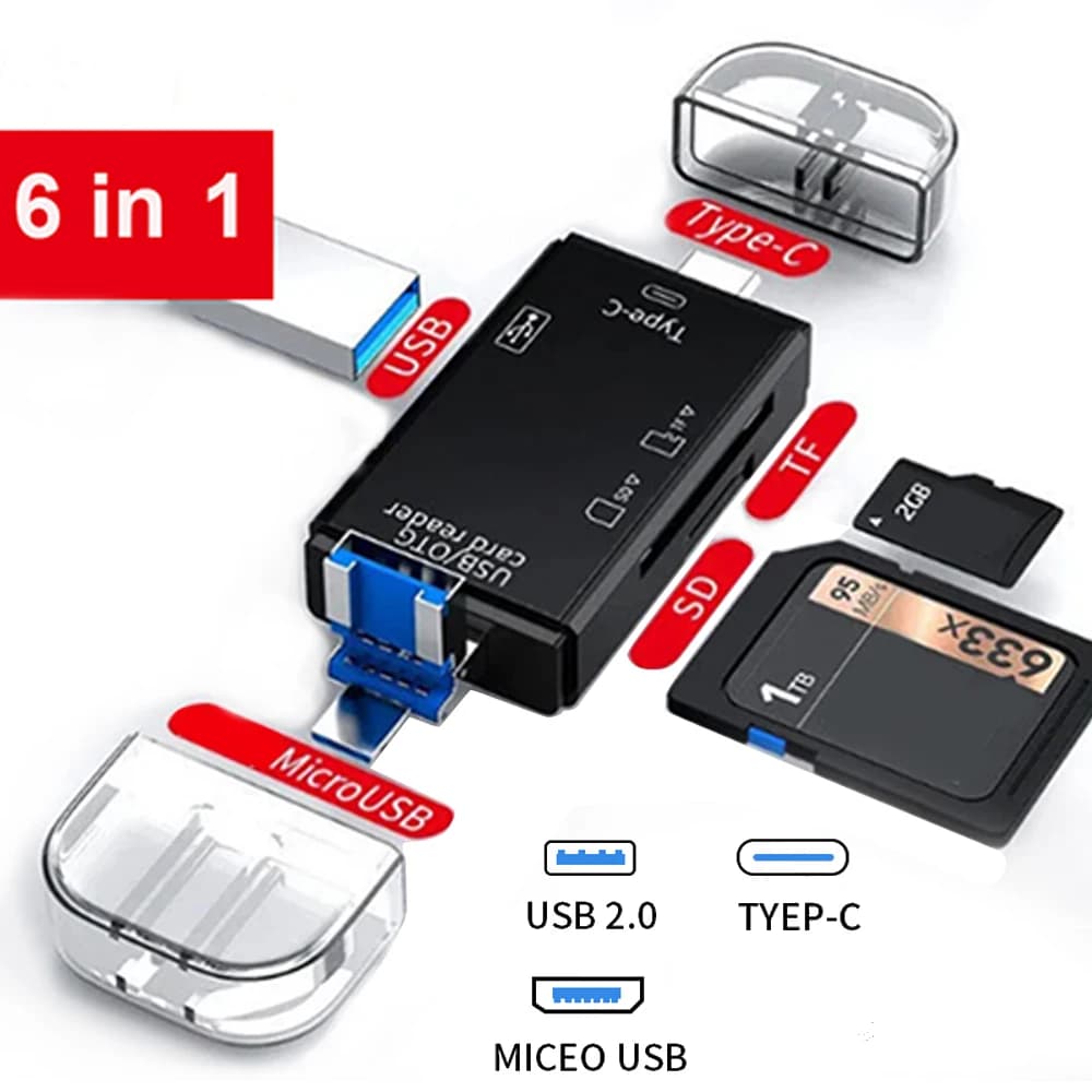 Lettore di schede SD OTG 6 in 1 Lettore di schede Smart multifunzione per schede di memoria USB 2.0 Type-C/TF/SD per adattatore per accessori per laptop