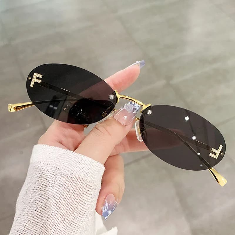 Fashion Rimless Sunglasses for Women UV400 Protection Oval Elegant Diamond Decor Retro Sun Glasses Trendy Outdoor Vacation Casual Eyewear