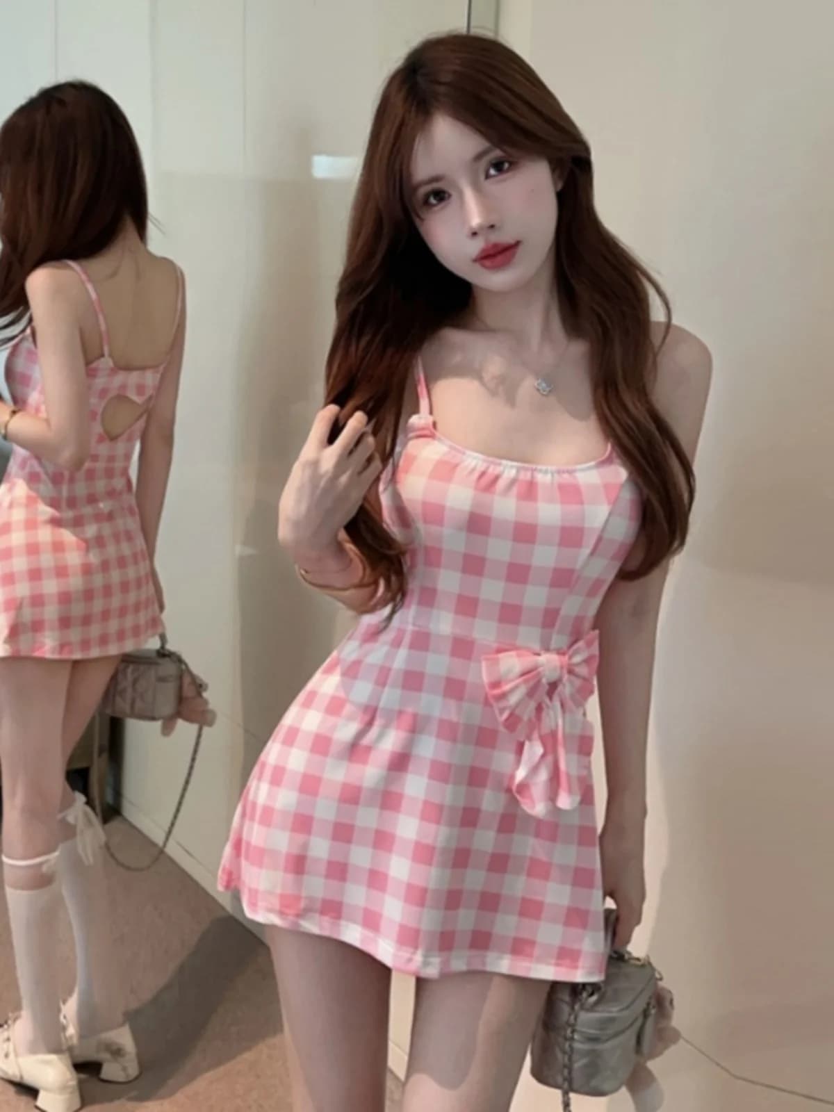 Sweet And Spicy Knot Hollow out Slimming Plaid Strap Dress Size Sexy High Waist A-Line Dress Summer Dress