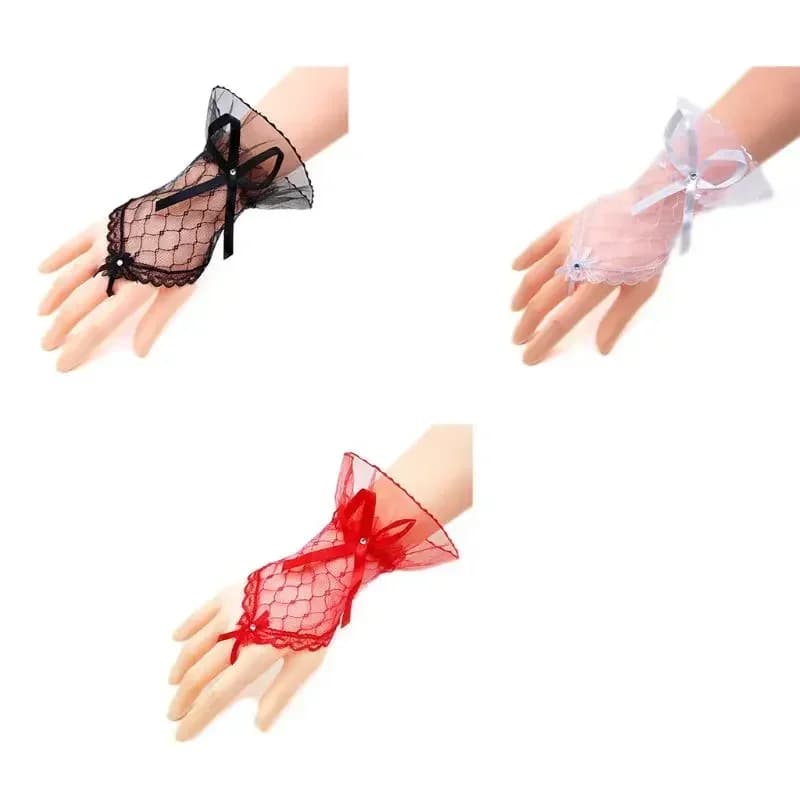 Guanti Corti da Sposa per Donna, Guanti Senza Dita con Strass e Fiocco, in Pizzo Trasparente, Protezione Solare per Damigelle