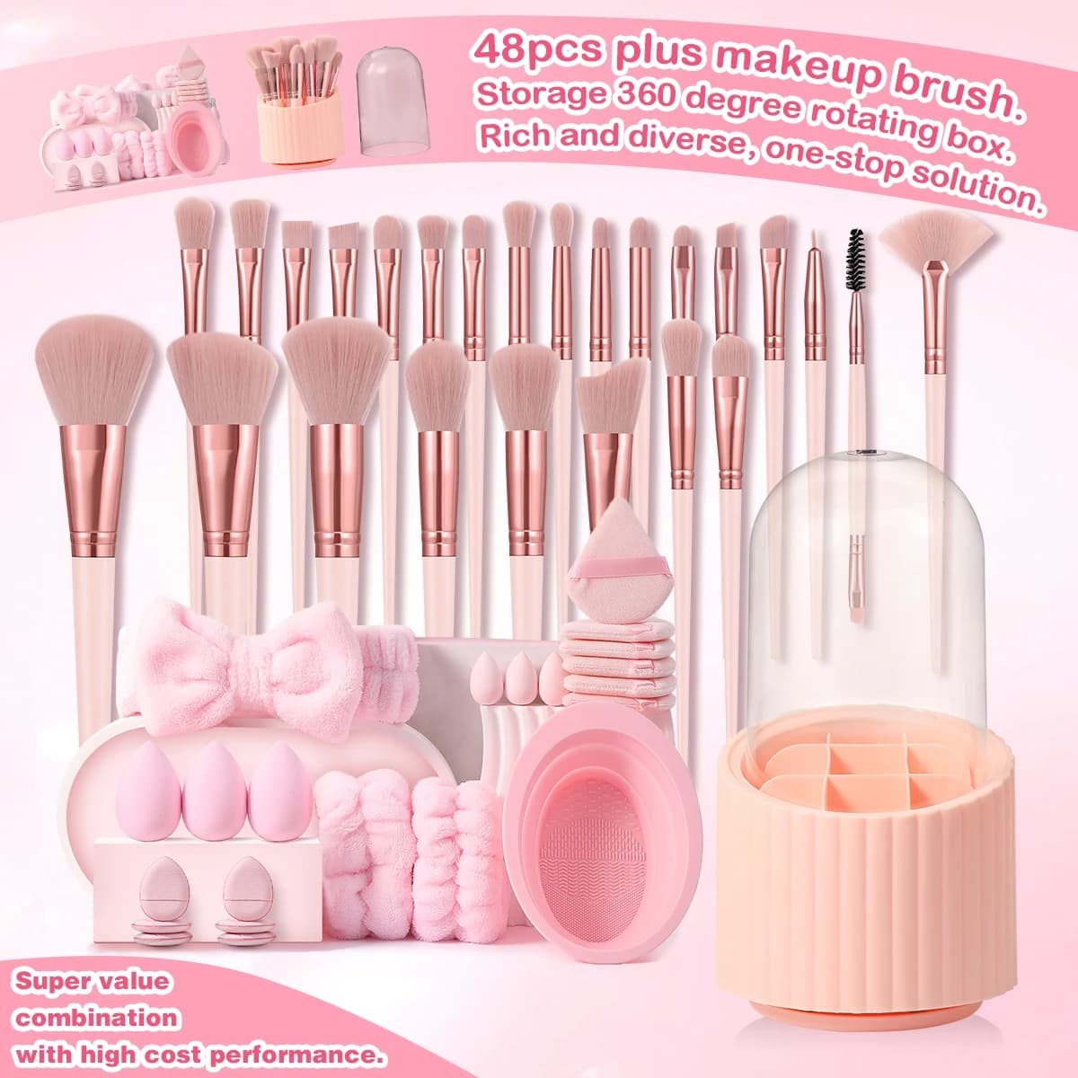 Set di 48 strumenti per il trucco: 25 pennelli per il trucco + 4 strumenti per il trucco + 18 spugne per il trucco + 1 contenitore portaoggetti