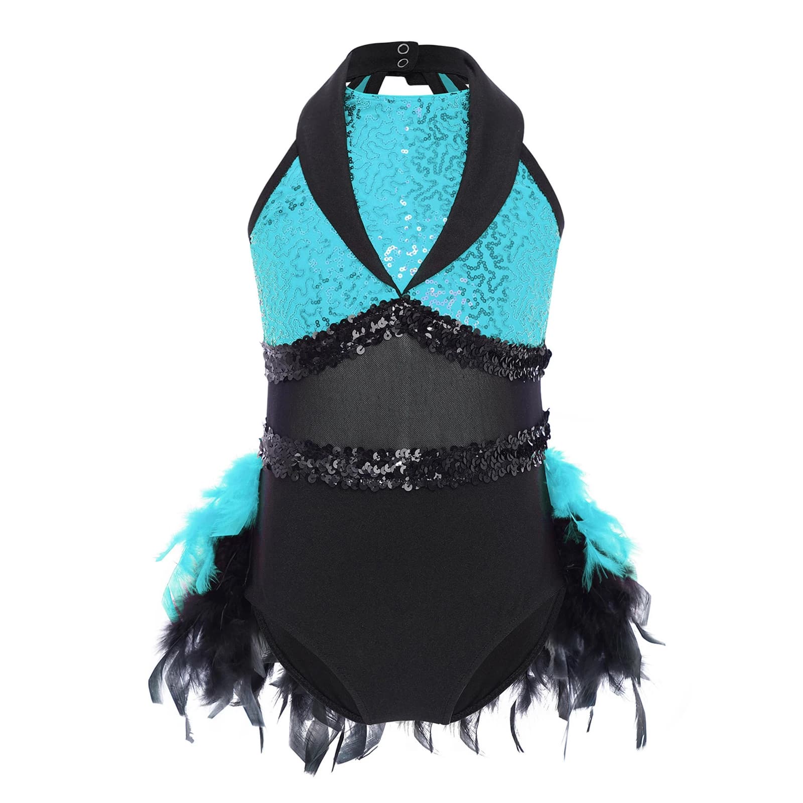 Abito da ballo latino jazz per bambine, vestito da pattinaggio artistico, body da performance con paillettes e piume, in rete trasparente e patchwork