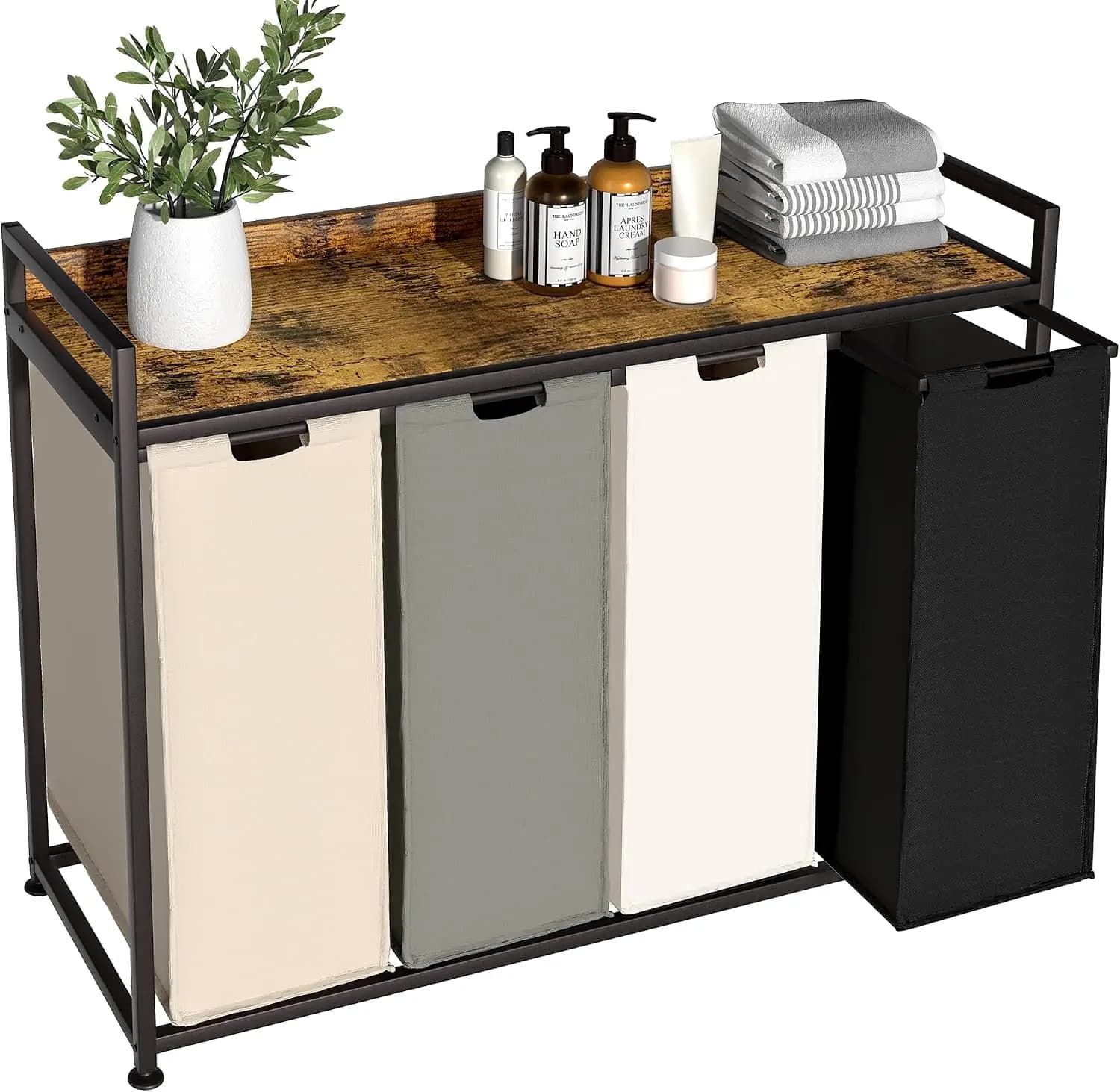 Laundry Hamper with Shelf, 4 Section Sorter, Pull-Out Removable Bags, Wheels, Metal Frame, 60L Each, Rustic Brown