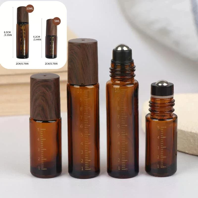 Flaconi Ricaricabili per Oli Essenziali con Applicatore a Sfera, Contenitori per Liquidi 5/10ml in Vetro Ambrato o Trasparente