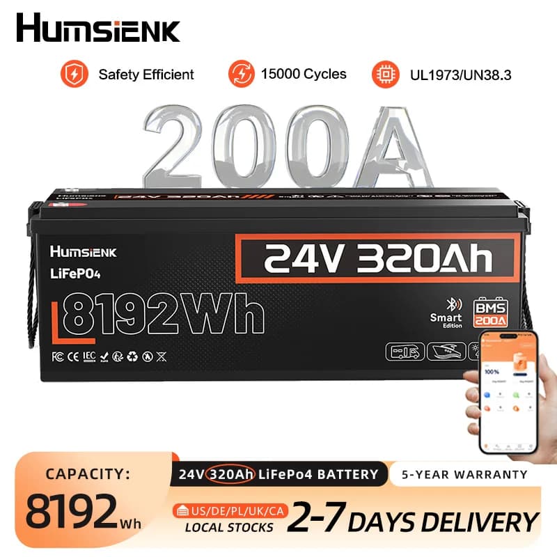 Humsienk 24V 320Ah LiFePO4 Battery, Capacity 8192Wh, Built-in Bluetooth & 200A BMS, 15000+ Deep Cycle, Low-Temp Protection For Fishing, Portable Power Station, Golf Cart, Boat, Camper, Marine, Trolling Motor, Off-Grid, Solar Energy Storage, 5-Year Warrant