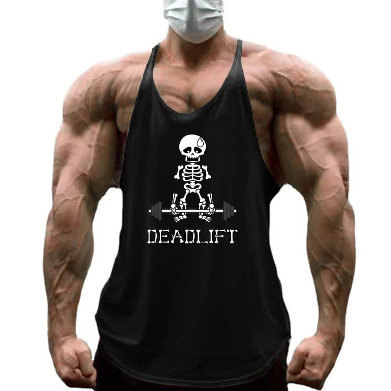 Canotte Estive da Uomo per Fitness e Bodybuilding, con Stampa Scheletro Umano e Bilanciere, Traspiranti in Cotone