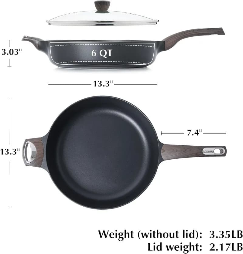 Anti-stick pan with lid, 33,8 cm, Large Deep pan, 6 Qt, for Induction