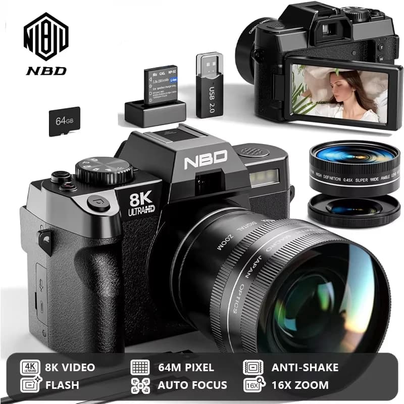 Fotocamera Digitale NBD S100F 8K per Vlog, 64MP con Schermo Ribaltabile, Zoom Digitale 16X, Mirino Ottico AF, Fotocamera Compatta per YouTube
