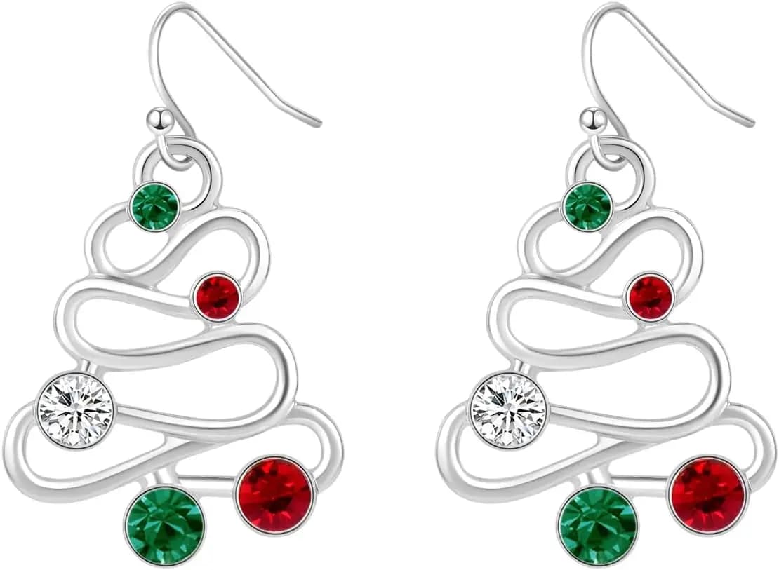 Orecchini pendenti con albero di Natale cavo con strass rosso verde CZ per gioielli da donna in lega placcata in argento per le vacanze